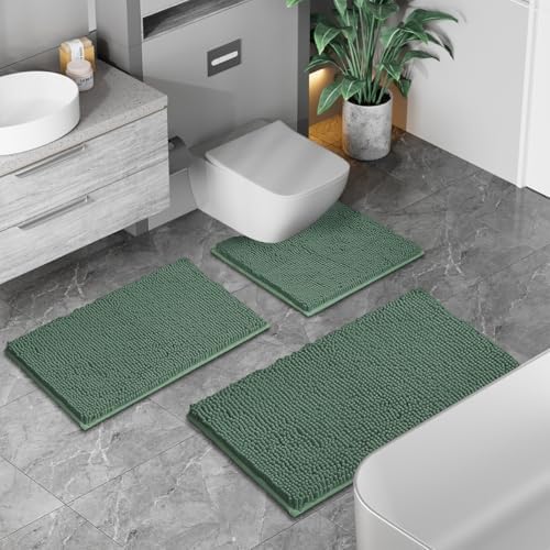 RUN HELIX Dark Green Bath Rugs Set 3 Piece Bathroom Rug Non-Slip Bath Mats, Absorbent Shaggy Rugs, Machine Wash, Perfect Plush Bathroom Mats