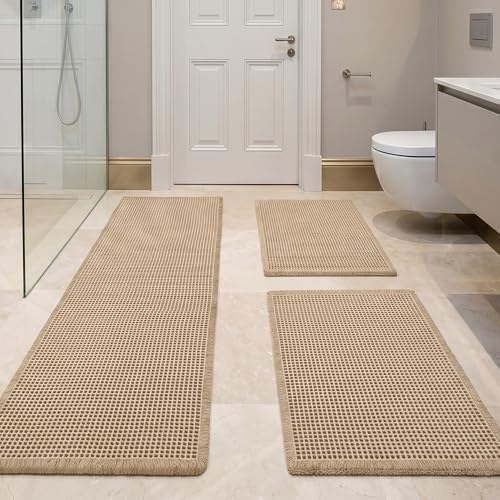 JIUZHEN Set of 3 Waffle Bathroom Rugs Boho Bath Mat 16"x24"+24"x36"+24"x48"