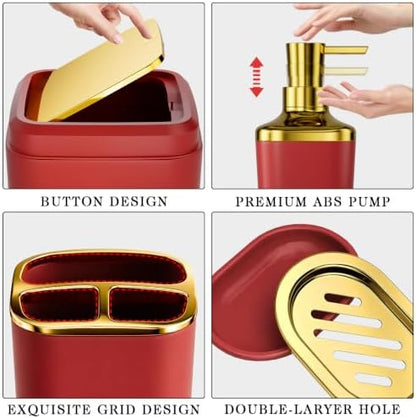 XLHOMO Bathroom Accessories Set - 25PC Bathroom Set with Shower Curtain and Rugs, Burgundy Bathroom Set, Bathroom Accessory Set with Press-on Lid Trash Can, Soap Dispenser and Qtip Holders