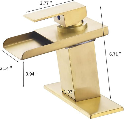 LED Waterfall Bathroom Faucet, Brushed Gold RV Bath Vanity Faucet for Sinks - 1 or 3 Hole Mount