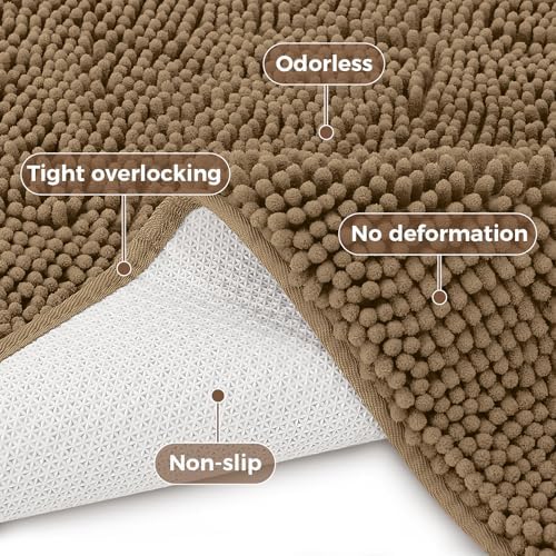 Bcoimo Bath Rug Mat,70x24 Chenille Non Slip Tan Long Bathroom Runner Rugs