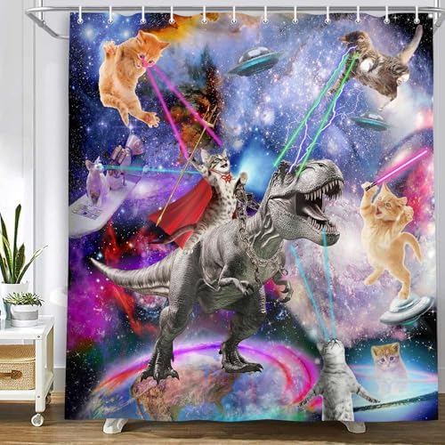 Funny Cat Shower Curtain, Cool Cat Dinosaur Japanese Ocean Wave Shower Curtain, Cat Riding Dinosaur Fun Shower Curtain Nautical Kids Children Rustic Wooden Farmhouse Shower Curtain, 72X78inch, Purple