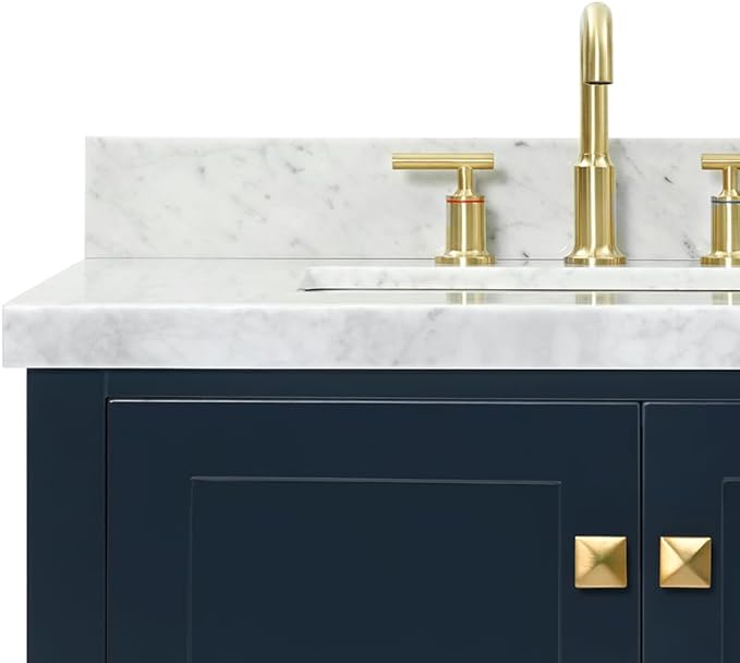 DKB Beckford 72 Inch Bathroom Vanity Double Sink — Midnight Blue Bathroom Vanity with Sink, 1.5" Edge Italian Carrara Marble Countertop & Backsplash, 4 Soft-Close Doors, 6 Dovetail Drawers