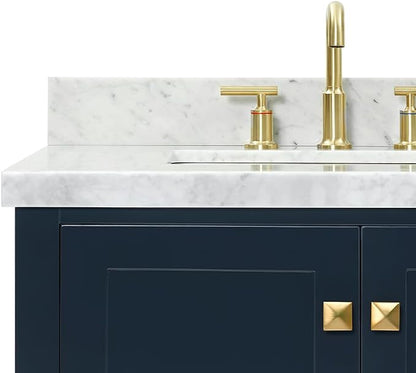 ARIEL Cambridge 72-inch Bathroom Vanity with Sink,Solid Wood, 1.5-inch Italian Carrara Marble Countertop, Double Rectangular Porcelain Sink, 4 Soft Closing Doors, 6 Dovetail Drawers, Midnight Blue