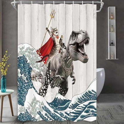 Funny Cat Shower Curtain, Cool Cat Dinosaur Japanese Ocean Wave Shower Curtain, Cat Riding Dinosaur Fun Shower Curtain Nautical Kids Children Rustic Wooden Farmhouse Shower Curtain, 36X72inch, Brown