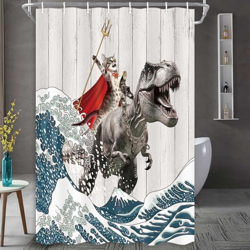 Funny Cat Shower Curtain, Cool Cat Dinosaur Japanese Ocean Wave Shower Curtain, Cat Riding Dinosaur Fun Shower Curtain Nautical Kids Children Rustic Wooden Farmhouse Shower Curtain, 47X64inch, Brown