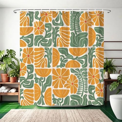 Mid Century Matisse Orange Green Floral Shower Curtain 72x72 Inches