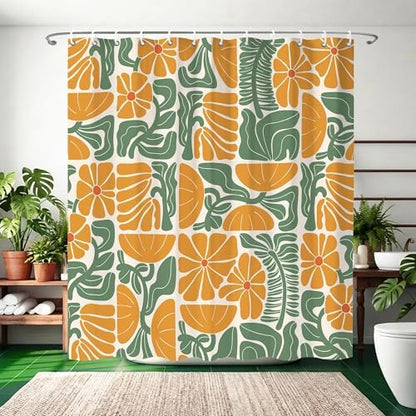 Mid Century Matisse Orange Green Floral Shower Curtain 72x72 Inches