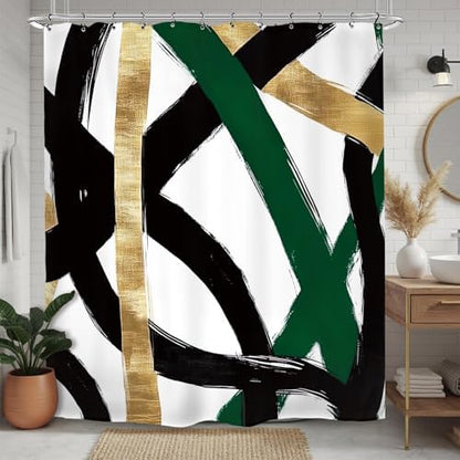 Abstract Emerald Green Black Gold Shower Curtain 72Wx84L Inch Modern Minimalist Contemporary Geometric Extra Long Bathroom Set Accessories Decor with 12 Pack Hooks
