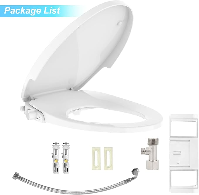 Non-Electric Bidet Toilet Seat with Quiet-Close & Dual Nozzles - Self-Cleaning Elongated Bidet Attachment, Fits Most Standard Round Toilets (17 Inch), White