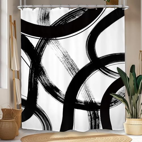 Abstract Modern Shower Curtain 60Wx72L Inch Black White Minimalist Contemporary Art Line Neutral Simple Bathroom Set Accessories Decor with 12 Pack Hooks