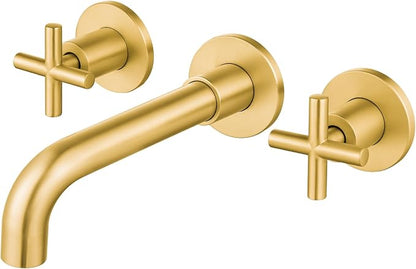 Airuida Solid Brass Brushed Gold Wall Mount Bathroom Faucet | 360° Swivel Spout,Rough in Valve,2 Cross Handle,3 Hole,Widespread