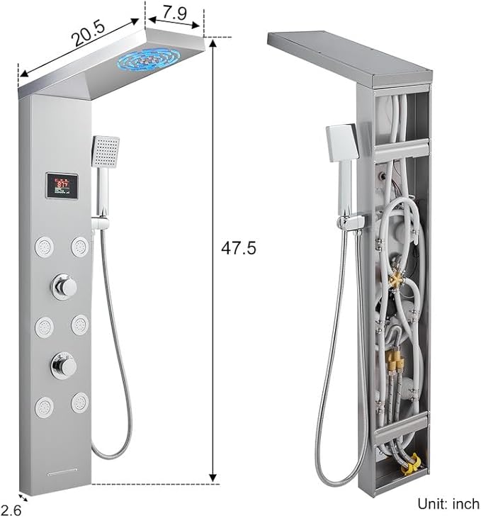 Stainless Steel Shower Panel Tower System with LED lights(No battery need), Hydroelectric LED Rainfall Shower Tower System with 6 Pcs Body Jets, Brushed Nickel