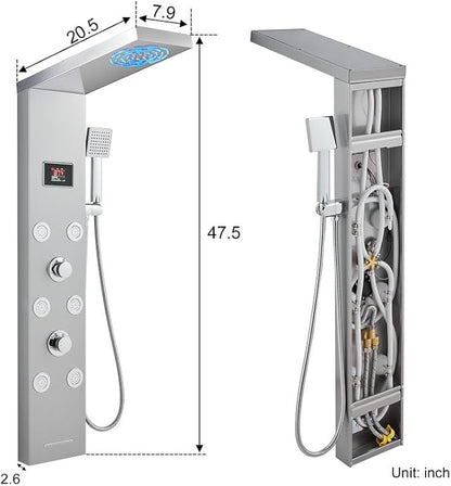 Stainless Steel Shower Panel Tower System with LED lights(No battery need), Hydroelectric LED Rainfall Shower Tower System with 6 Pcs Body Jets, Brushed Nickel