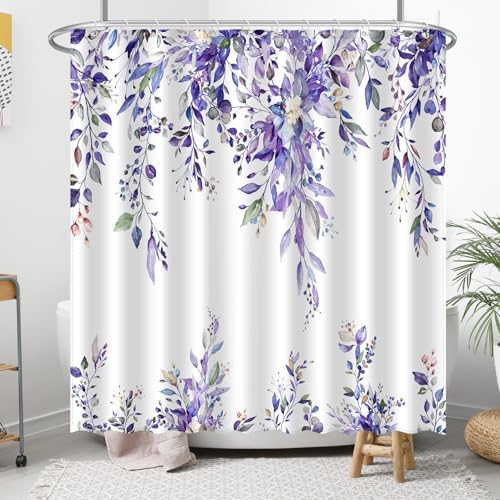 Eucalyptus Shower Curtain, Abstract Aesthetic Art Watercolor Plant Leaves with Floral Bathroom Decor, Waterproof Fabric Cloth Bath Curtain Set with Hooks (Purple, 72x72 Inches)
