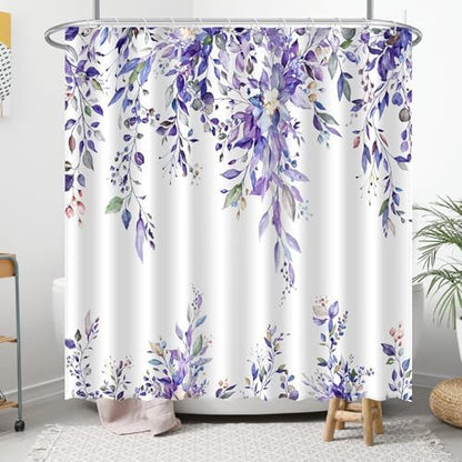 Eucalyptus Shower Curtain, Abstract Aesthetic Art Watercolor Plant Leaves with Floral Bathroom Decor, Waterproof Fabric Cloth Bath Curtain Set with Hooks (Purple, 72x72 Inches)