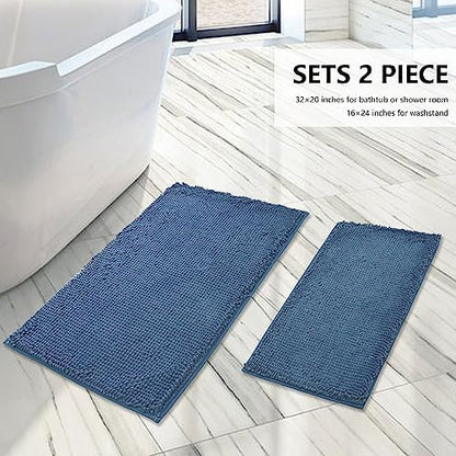 BOANKODU Bathroom Rugs Sets 2 Piece, Extra Soft Chenille Bath Mat Absorbent Bathroom Rug, Bathroom Mat with PVC Non-Slip Bottom, Machine Washable Bath Rugs (32x20 Inch + 24x16 Inch, Deep Blue)