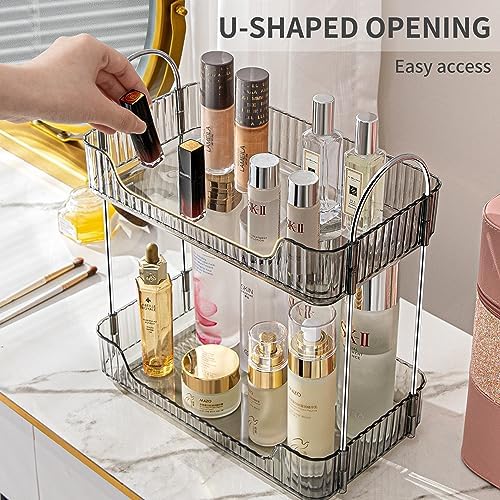 Akinbas 2 Tier Bathroom Organizer Countertop Makeup Perfume Tray Skincare Organizer for Bathroom Dresser Vanity (Grey)