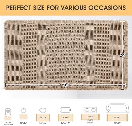 Waffle Bath Mat, Boho Woven Modern Bath Rug Absorbent Non Slip, Ultra Soft Bathroom Mats, Machine Washable Knit Bath Rugs Vertical Stripes with Ripples for Bathroom, Bedroom, Kitchen, 36"x24", Beige