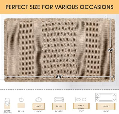 Waffle Bath Mat, Boho Woven Modern Bath Rug Absorbent Non Slip, Ultra Soft Bathroom Mats, Machine Washable Knit Bath Rugs Vertical Stripes with Ripples for Bathroom, Bedroom, Kitchen, 36"x24", Beige