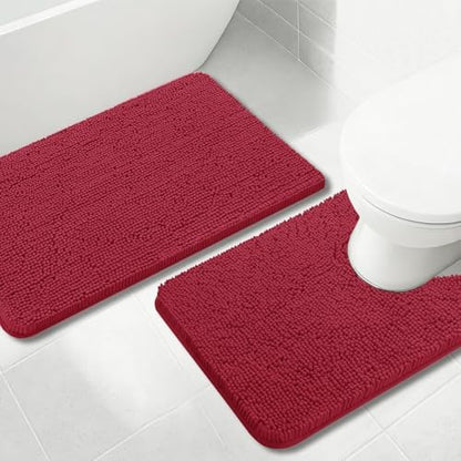 Bathroom Rugs Sets 2 Piece Chenille Bathroom Rugs,Extra Thick and Absorbent,Strong PVC Non-Slip Underside, Machine Washable, Dry Quckily, Soft Cozy Plush for Bedroom, (Burgundy)
