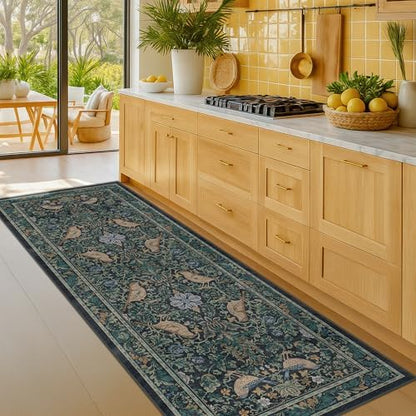 Botanical Bird 2x6 Entryway Rugs Indoor, Machine Washable Runner Rugs for Hallway, Blue and Teal Non Slip Mat for Bathroom, Bedroom Beside Bed, Kitchen, Stain Resistant Forest Green Décor