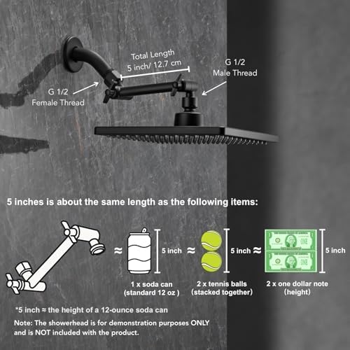 5 Inch Adjustable Shower Head Extension Arm With Locking Set Screw, Singing Rain Metal Matte Black Angle Height Adjustable, Easy To Install, G1/2 Universal Connector Compatible (Matte Black Finish)