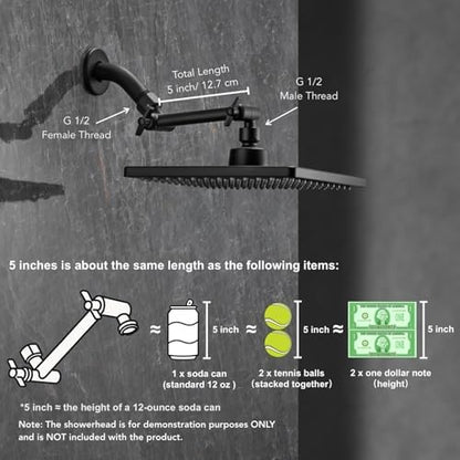 5 Inch Adjustable Shower Head Extension Arm With Locking Set Screw, Singing Rain Metal Matte Black Angle Height Adjustable, Easy To Install, G1/2 Universal Connector Compatible (Matte Black Finish)
