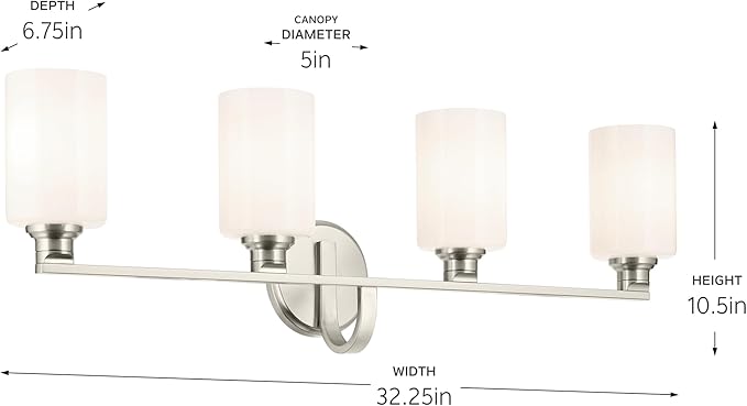 Kichler Gioe 32.25" 4-Light Vanity Light with Opal Glass in Brushed Nickel, Damp Rated, for Bathroom, Powder Room, Over a Mirror, (32.25" W x 10.5" H), 55227NI