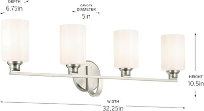 Kichler Gioe 32.25" 4-Light Vanity Light with Opal Glass in Brushed Nickel, Damp Rated, for Bathroom, Powder Room, Over a Mirror, (32.25" W x 10.5" H), 55227NI