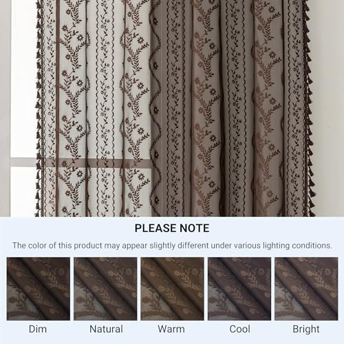 WAZZIO Brown Lace Shower Curtain for Bathroom 72" W x 72" L, Victorian Farmhouse Floral Pattern Tassel Fancy Shower Curtain Boho Washable Cloth Decorative Bath Curtains,1 Panel