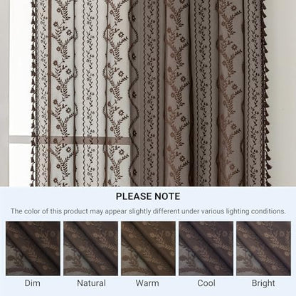 WAZZIO Brown Lace Shower Curtain for Bathroom 72" W x 72" L, Victorian Farmhouse Floral Pattern Tassel Fancy Shower Curtain Boho Washable Cloth Decorative Bath Curtains,1 Panel