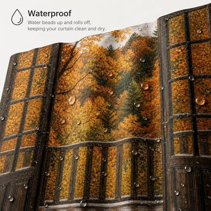 Fall Shower Curtain, Autumn Forest Window View Decor Bathroom Curtains, Maple Leaves Open Door Balcony Rustic Farmhouse Waterproof Polyester Shower Curtain with Hooks,72x72 Inch