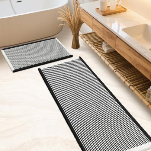 IM HOME Waffle Bath Mat Set Black & Cream 2 Piece,Woven Modern Bath Rug Mats, Absorbent Non Slip Bath Floor Mat, Soft Washable Boho Bath Rugs with Tassels for Bathroom, Bedroom, Kitchen