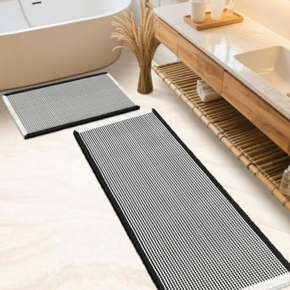 IM HOME Waffle Bath Mat Set Black & Cream 2 Piece,Woven Modern Bath Rug Mats, Absorbent Non Slip Bath Floor Mat, Soft Washable Boho Bath Rugs with Tassels for Bathroom, Bedroom, Kitchen
