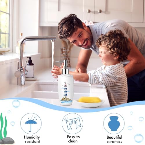 Newtay Nautical Bathroom Accessories Set of 4, Coastal Lighthouse Compass Anchor Sailboat Tumbler Soap Dispenser Toothbrush Holder Soap Dish for Ocean and Sea Coastal Theme Bathroom Decoration