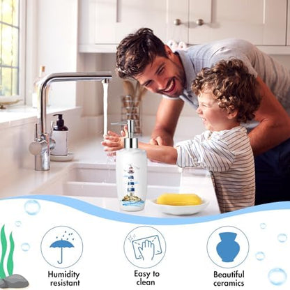 Newtay Nautical Bathroom Accessories Set of 4, Coastal Lighthouse Compass Anchor Sailboat Tumbler Soap Dispenser Toothbrush Holder Soap Dish for Ocean and Sea Coastal Theme Bathroom Decoration