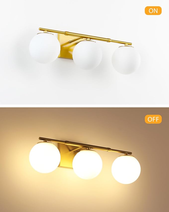 Bathroom Vanity Light Brushed Brass 3T Wall Sconce for Mirror | Modern fixture Globe Glass Shade brightness, elivers even brightness. Sturdy metal resists rust. Dresser Bathroom over Mirror