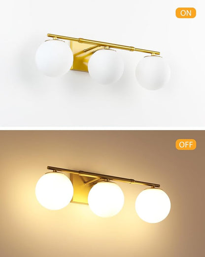 Bathroom Vanity Light Brushed Brass 3T Wall Sconce for Mirror | Modern fixture Globe Glass Shade brightness, elivers even brightness. Sturdy metal resists rust. Dresser Bathroom over Mirror