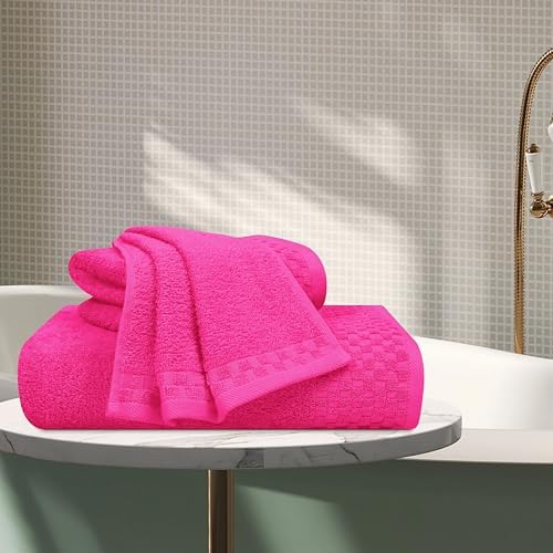 MyOwn Ultra Soft 3 Pack Cotton Towel Set, Contains a Bath Towels 28x55 inch, a Hand Towels 16x24 inch & a Wash Coths 12x12 inch, Ideal Everyday use, Compact & Lightweight - Hot Pink