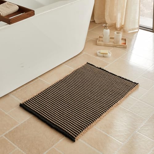 Triohero Waffle Bath Mat, Small Boho Bathroom Rugs, 16x24 Black & Khaki