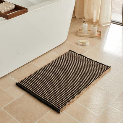 Triohero Waffle Bath Mat, Small Boho Bathroom Rugs, 16x24 Black & Khaki