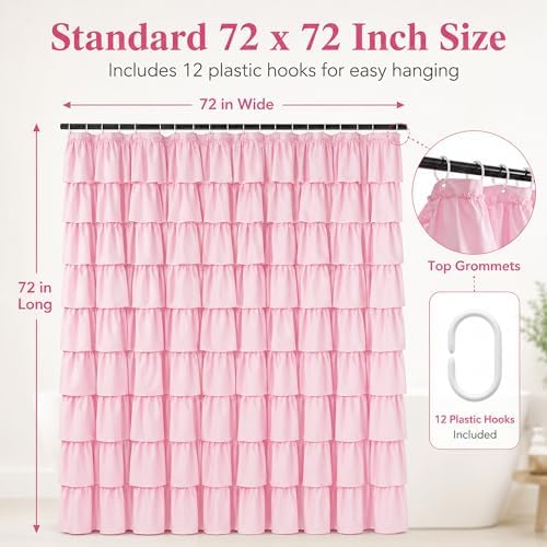 Pink Ruffle Shower Curtain for Master bathroom, 72x72 in, Shabby Chic Look