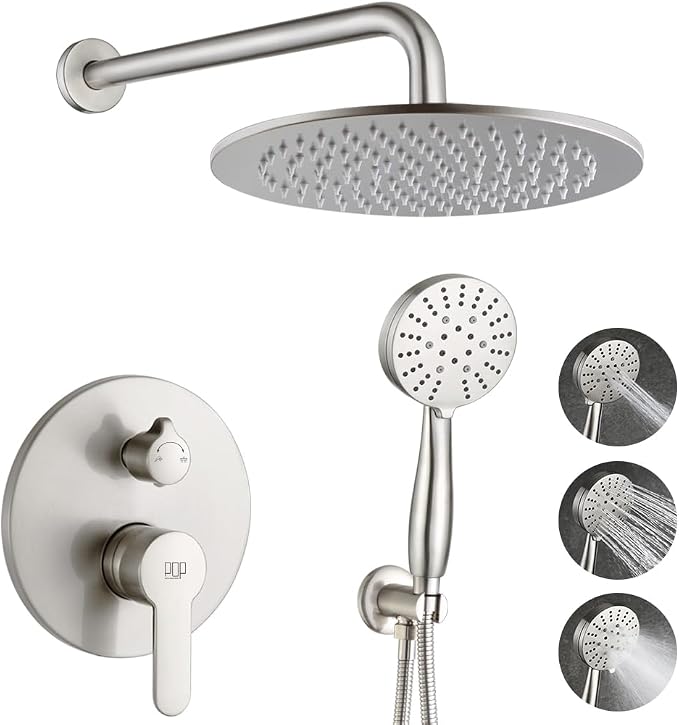 Shower Faucet Set Brushed Nickel 10 Inch Round Shower Head and Handle Set, Bathroom Rainfall Shower System, Wall Mounted Shower Fixtures, Include Shower Valve and Trim Kit