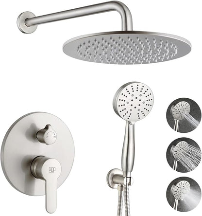 Shower Faucet Set Brushed Nickel 10 Inch Round Shower Head and Handle Set, Bathroom Rainfall Shower System, Wall Mounted Shower Fixtures, Include Shower Valve and Trim Kit