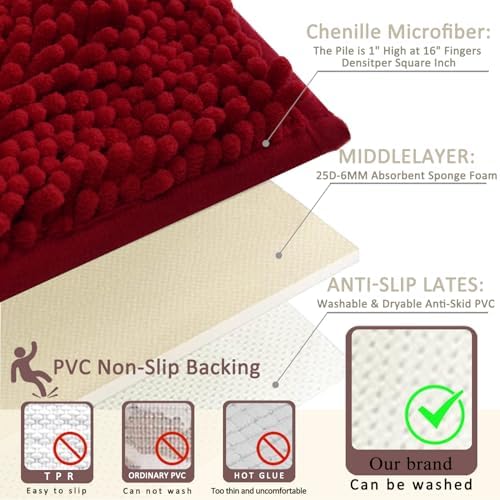 Bathroom Rugs Sets 3 Piece Non Slip,Bath Rugs with PVC Backing Bath Carpet,Bathroom Rug Washable,Absorbent,Plush Carpet Mats,Bath Mats for Bedroom, Kitchen,Tub,Home Decor(Burgundy)