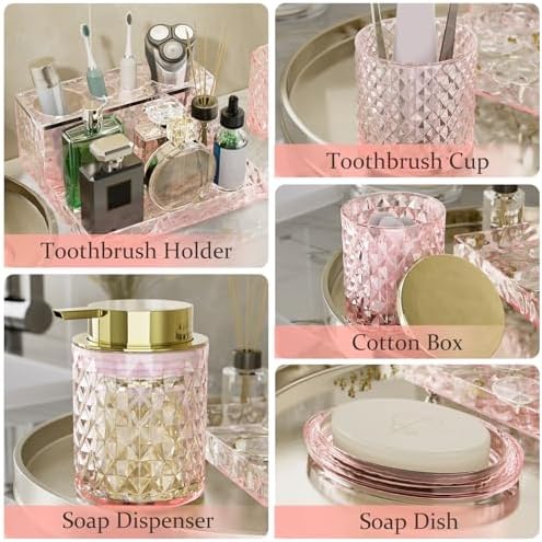 Glass Bathroom Accessories Set 5Pcs Crystal Pink - Foaming Soap Dispenser, Soap Dish, Cup, Acrylic Toothbrush Holder with Tray Organizer, Cotton Swab Jar, Bathroom Counter Set Sink Decor