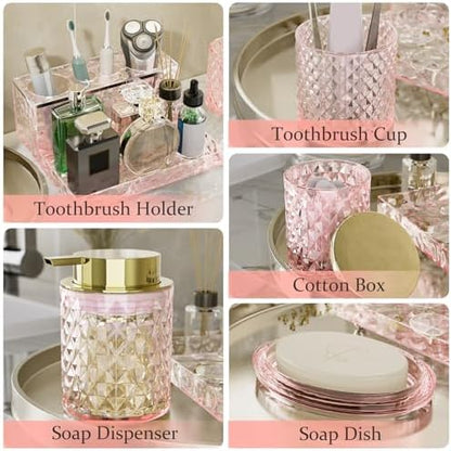 Glass Bathroom Accessories Set 5Pcs Crystal Pink - Foaming Soap Dispenser, Soap Dish, Cup, Acrylic Toothbrush Holder with Tray Organizer, Cotton Swab Jar, Bathroom Counter Set Sink Decor