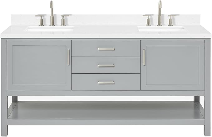 ARIEL Bayhill 72-inch Bathroom Vanity with Sink,Solid Wood, 1.5-inch Carrara White Quartz Countertop & Backsplash, Double Rectangular Porcelain Sink, 2 Soft Closing Doors, 3 Dovetail Drawers, Grey