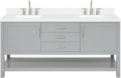 ARIEL Bayhill 72-inch Bathroom Vanity with Sink,Solid Wood, 1.5-inch Carrara White Quartz Countertop & Backsplash, Double Rectangular Porcelain Sink, 2 Soft Closing Doors, 3 Dovetail Drawers, Grey